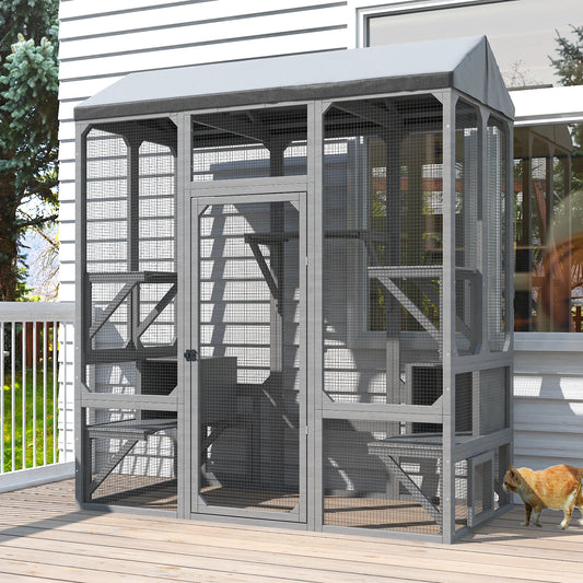 72" Outdoor Cat Catio with Waterproof Cover, Walk-In Large Cat Enclosure with 7 Platforms & 2 Resting Boxes for Multiple Cats, Black/White