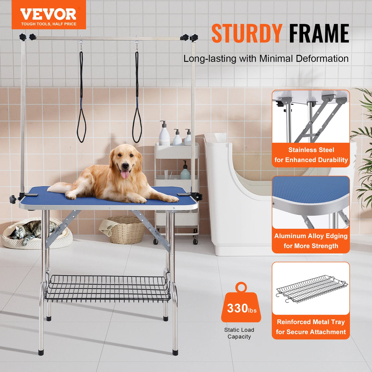 SucceBuy Pet Grooming Table Two Arms with Clamp Dog Grooming Station Foldable Stand for Medium Small Dogs with Grooming Loop