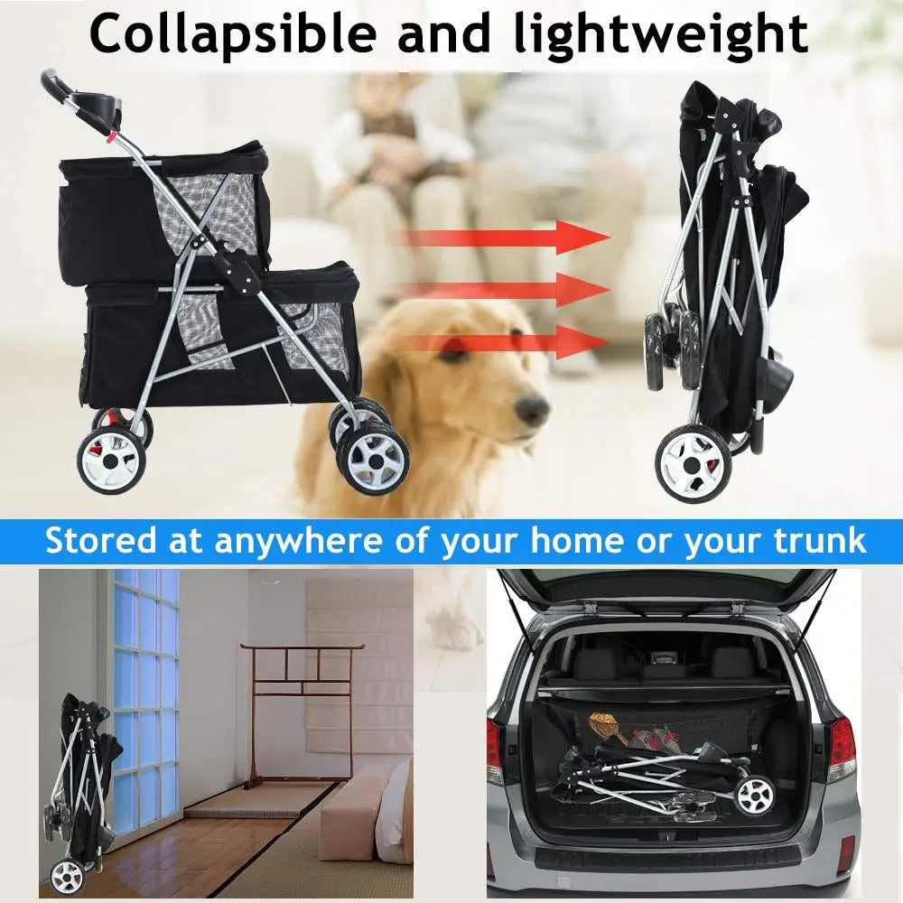 Double Dog Stroller Pet Stroller Cat Stroller Small Medium Dogs Cats 2 Puppy or Two Kitty 4 Wheels Travel Carrier Cage with Cup