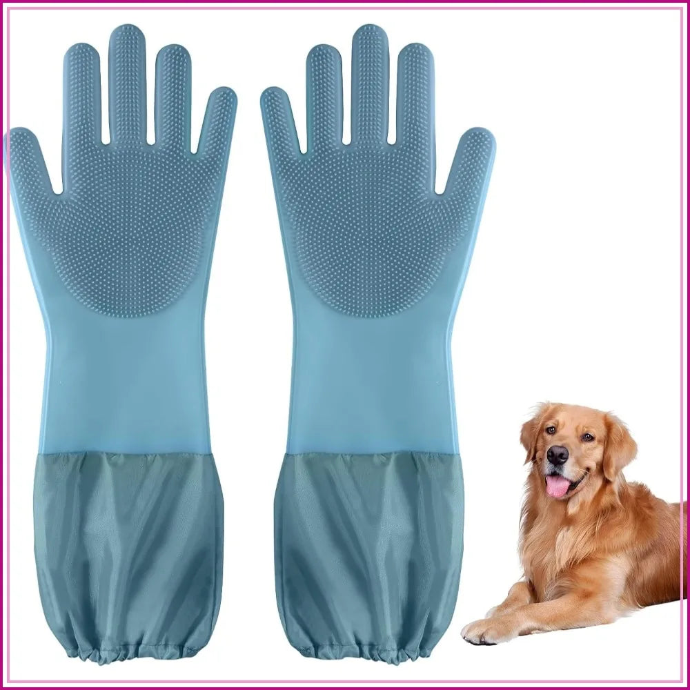 Dog Washing Gloves, 17.3" Long Sleeves, Silicone Massage & Hair Removal, Blue