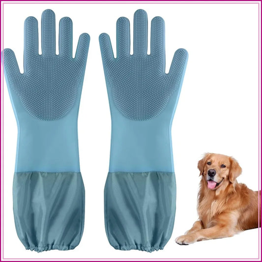 Dog Washing Gloves, 17.3" Long Sleeves, Silicone Massage & Hair Removal, Blue
