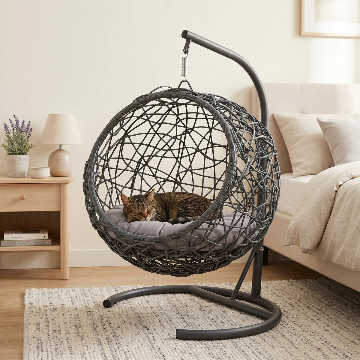 Cat Swing Bed with Stand, Rattan Wicker Egg Chair with Cushion, Indoor Hanging Pet Bed for Cats & Small Dogs, Gray