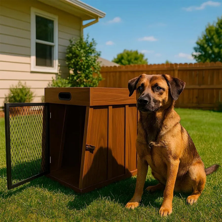 Modern Geometric Wooden Pet Crate with Integrated Storage Compartment for Leashes and Treats Cozy and Stylish Design Ideal for