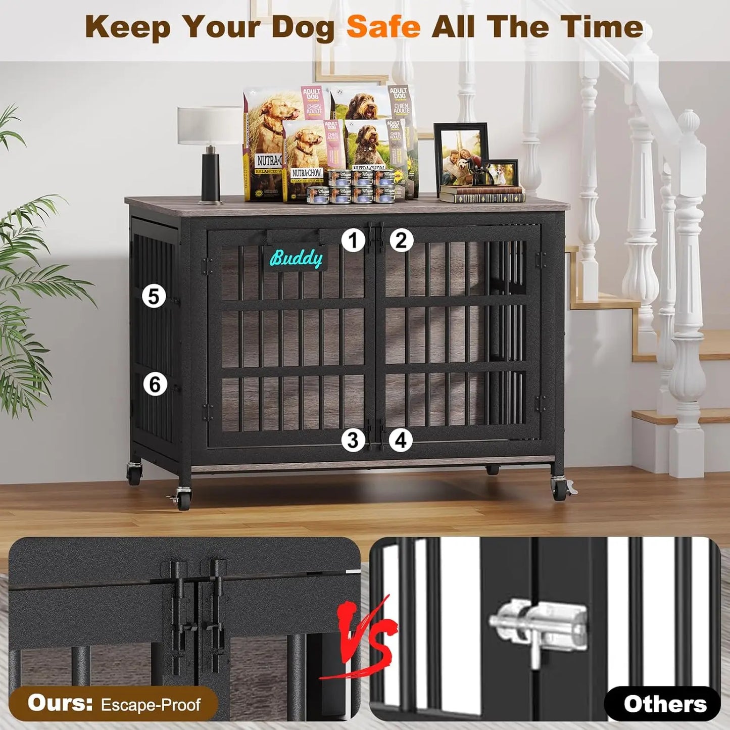 XXL Dog Crate Furniture Casters Heavy Duty Kennel Indoor Escape Chew Proof Large Dogs TV Stand 48/42/33in, Custom