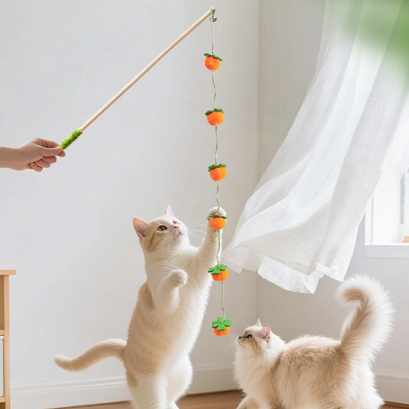 Interactive Cat Toy Funny Colorful Fruit Cats Teaser Stick Feather Toys Kitten Playing Teaser Wand Toy Cat Supplies