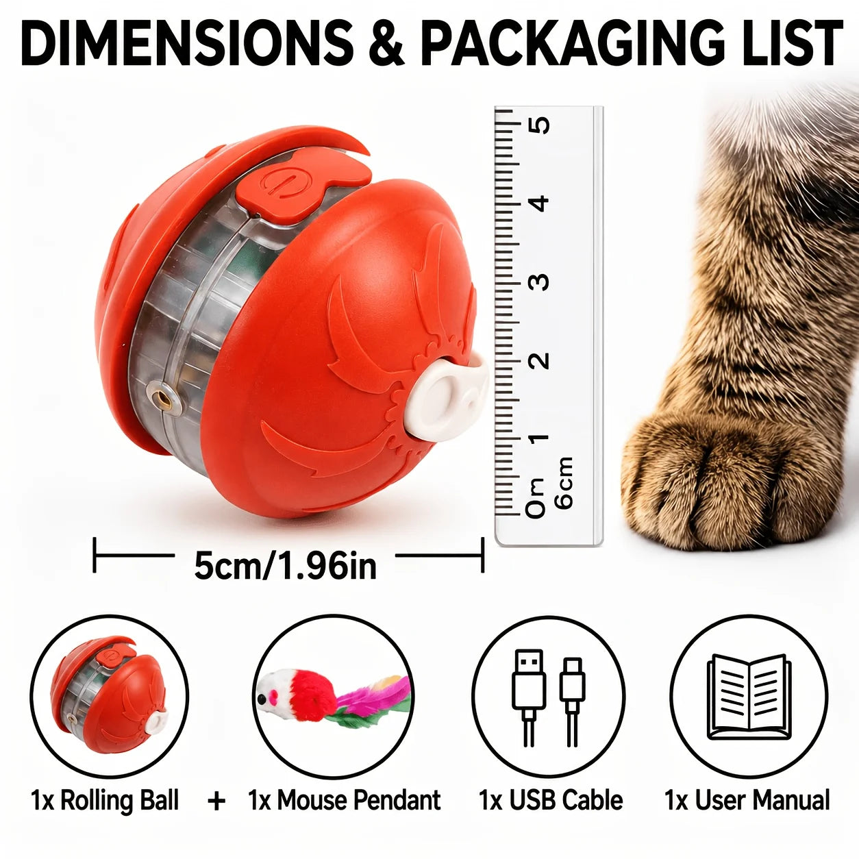 Interactive Cat Toy Ball - Automatic Interactive Cat Toys for Indoor Cats with 1 Tails, 3 Speeds Rechargeable Cat Enrichment Toys for Small/Medium/Large Cats to Keep Them Busy