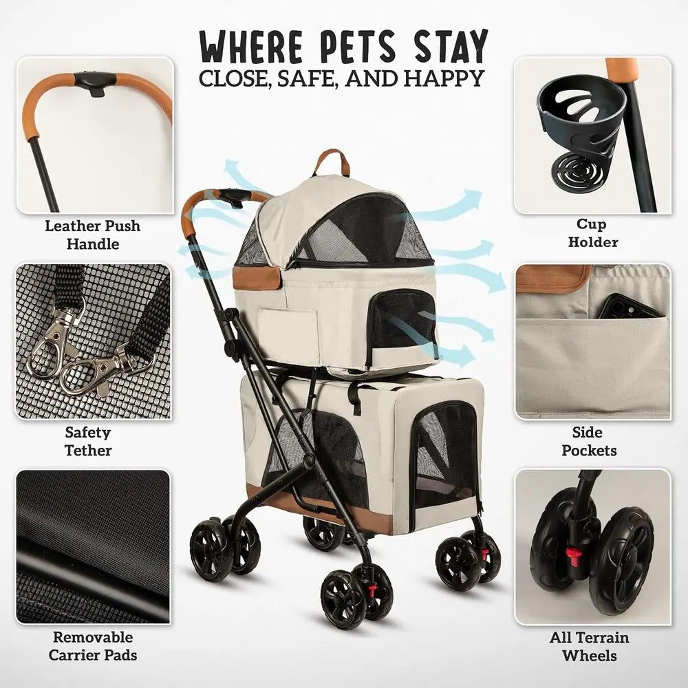 Double Pet Stroller with Detachable Carriers - Ideal or 2 Dogs or Cats - Compacnvenient Design - Easy Assembly Double Dog Stroll
