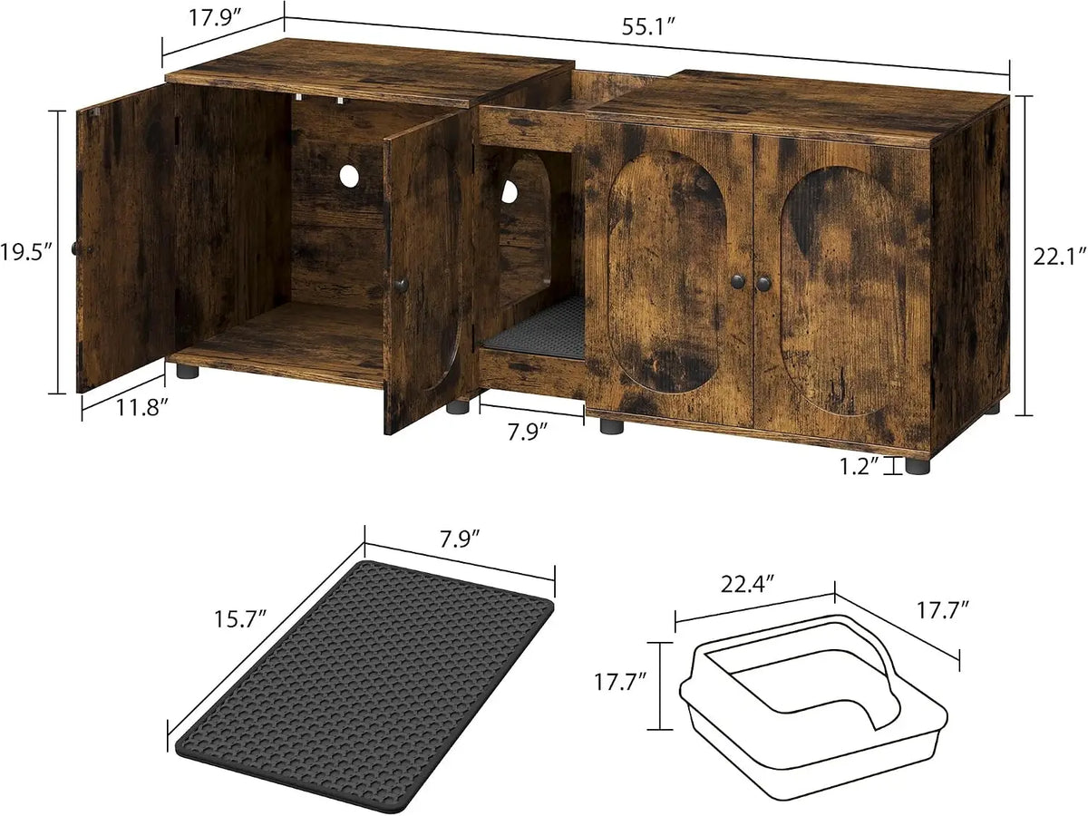 Double Cat Litter Box Enclosure Furniture - Extra Large Hidden Litter Box Cabinet for 2 Cats, Rattan Doors, Storage End Table/TV Stand, Litter Mat Included