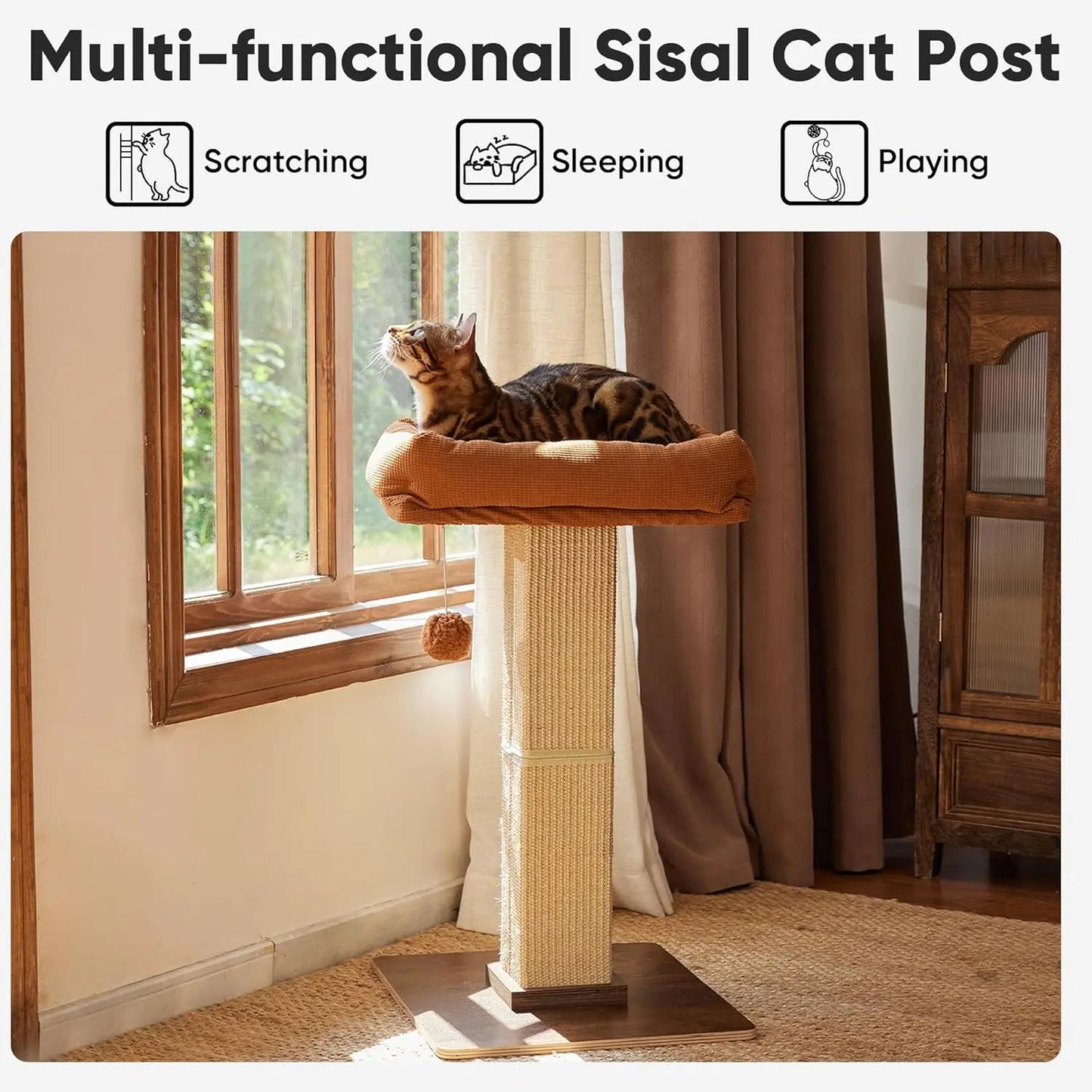 Cat Scratching Post, Retro-Style Tall Scratch Posts with Perch for Infoor Cats Adults, Large Cat