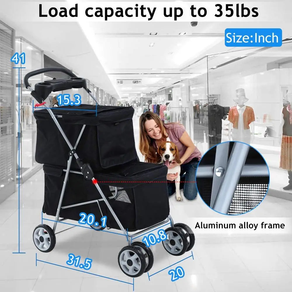 Double Dog Stroller Pet Stroller Cat Stroller Small Medium Dogs Cats 2 Puppy or Two Kitty 4 Wheels Travel Carrier Cage with Cup