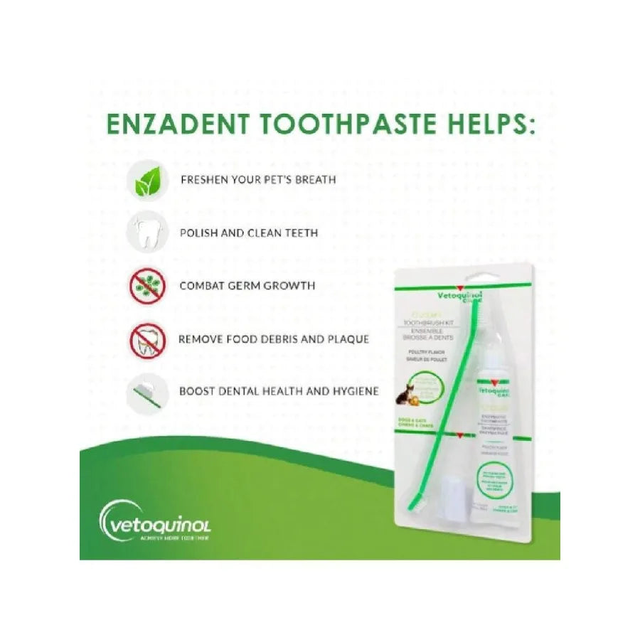 【New style】Enzadent Enzymatic Toothpaste Kit + Fingerbrush and Dual-End Toothbrush For Cats and Dogs 3.2 Oz, Poultry Flavor Ora