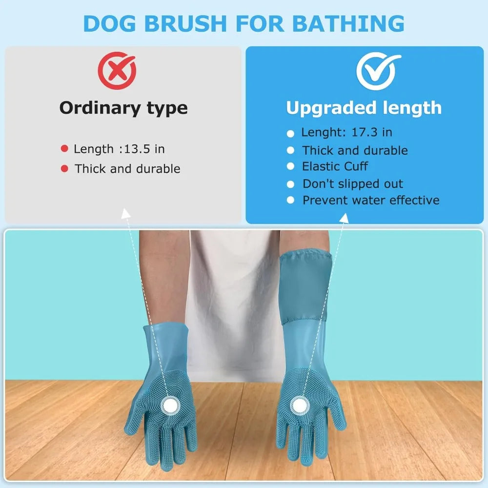 Dog Washing Gloves, 17.3" Long Sleeves, Silicone Massage & Hair Removal, Blue