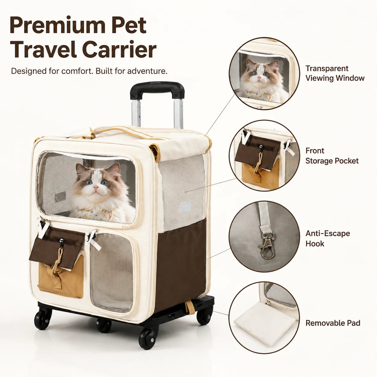 2-in-1 Rolling Cat Carrier with Wheels, Telescopic Handle, Polyester Pet Travel Bag, Clear Window, Mesh Ventilation