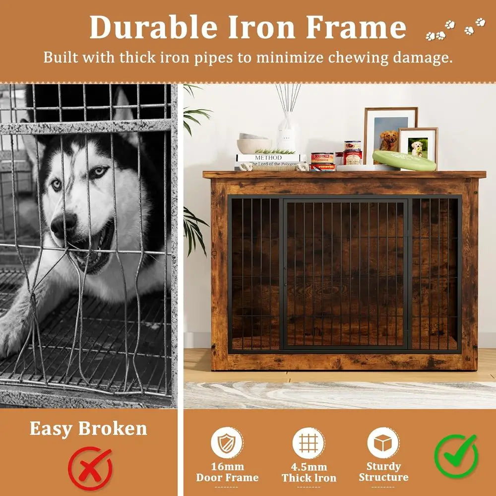 Durable Wooden Dog Crate with Double Doors, Side Table Function, Plush Cushion, and Chew-Resistant Surface