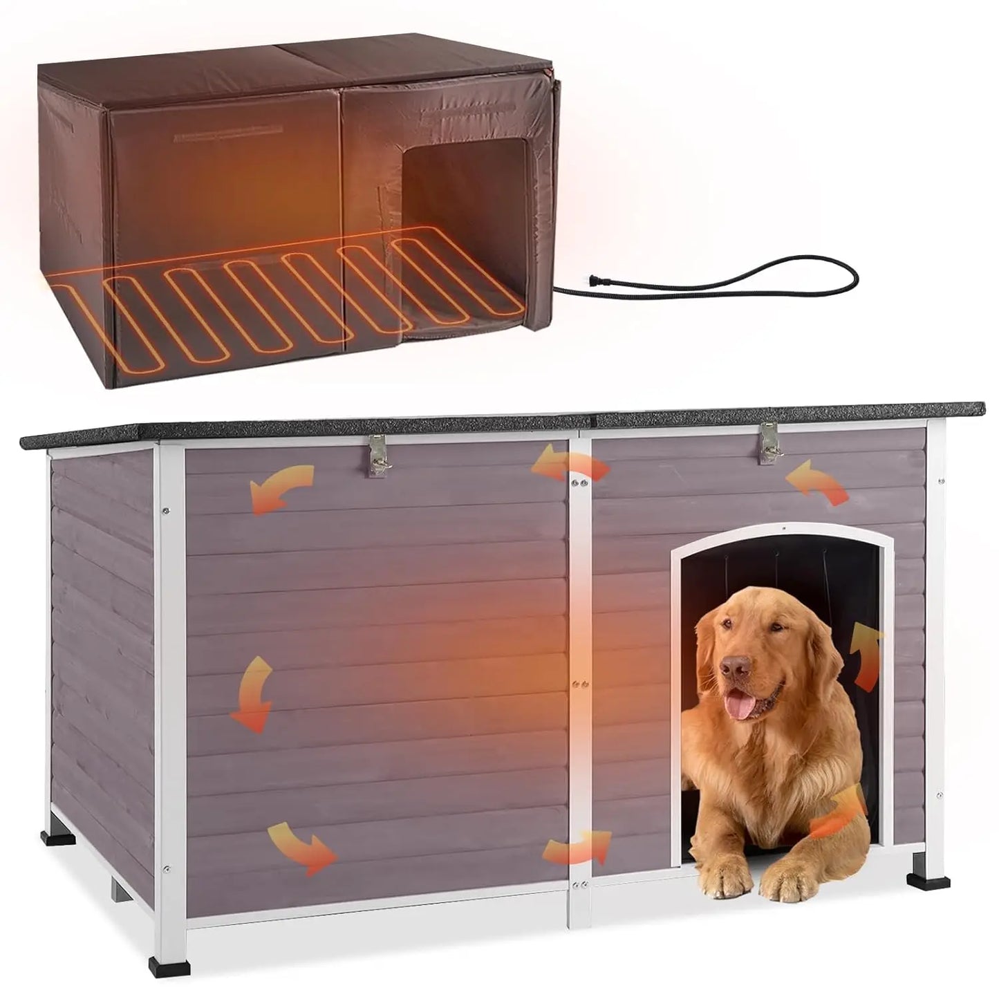 Large Heated Insulated Outdoor Dog House 59in Metal Frame Kennel Crate with Heater for Big Dogs, Custom