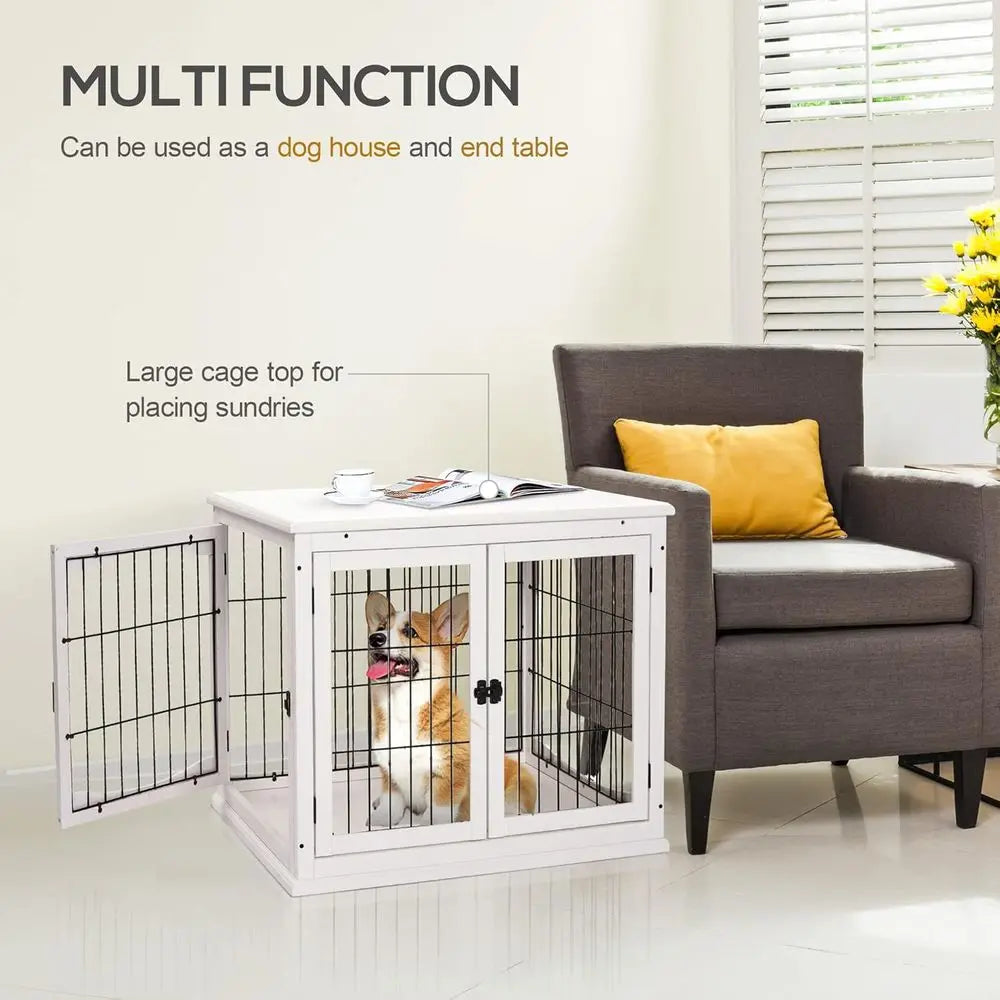 32 Lockable Small Dog Cage End Table, Indoor Puppy Kennel, White