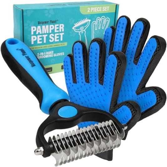 Pet Grooming Brush and 2X Grooming Gloves Combo, Double-Sided, Easy to Clean, for Dogs and Cats.