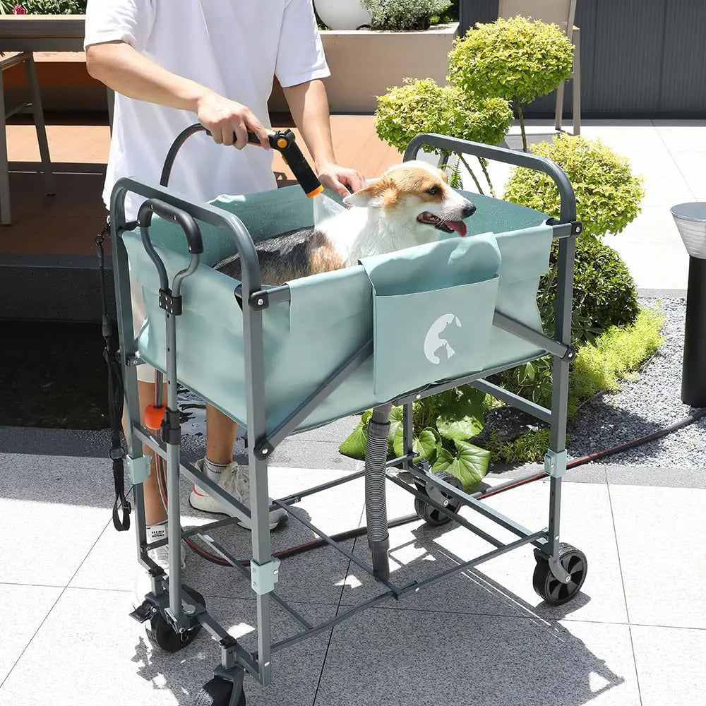 Folding Dog Bath Tub for Small & Medium Dogs , Portable Pet Washing Station with 4-Level Adjustable Height, 360° Swivel Wheels, Indoor/Outdoor Shower Grooming Cart