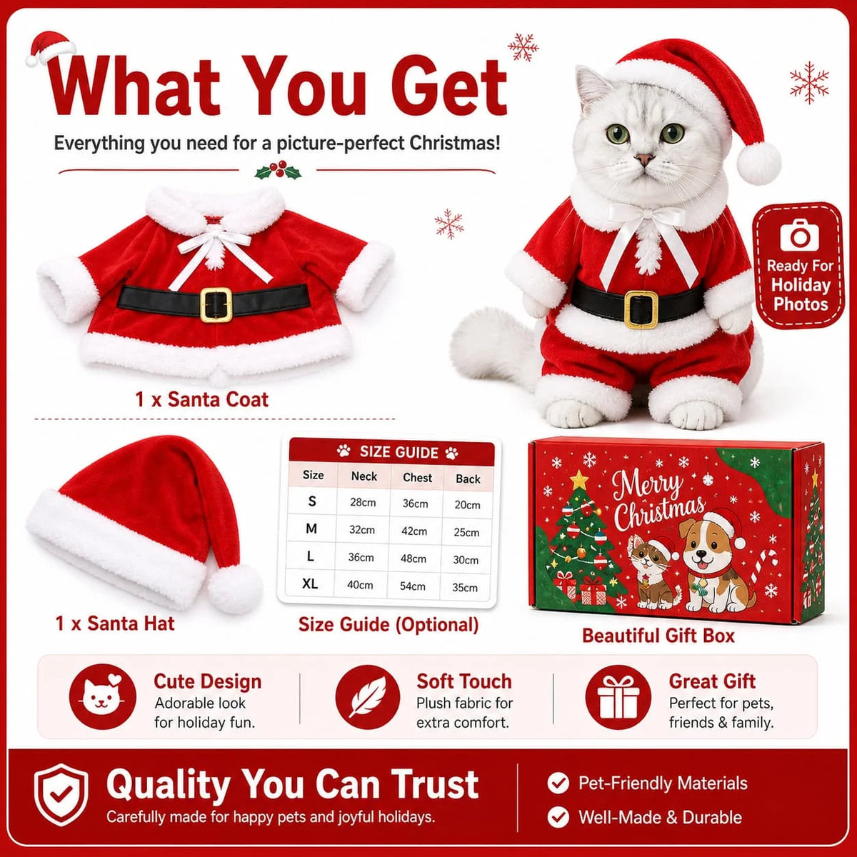 Xmas Santa Claus Cosplay Pet Outfit 3D Standing Design Warm Holiday Costume With Hat Cute Christmas Clothes For Kittens