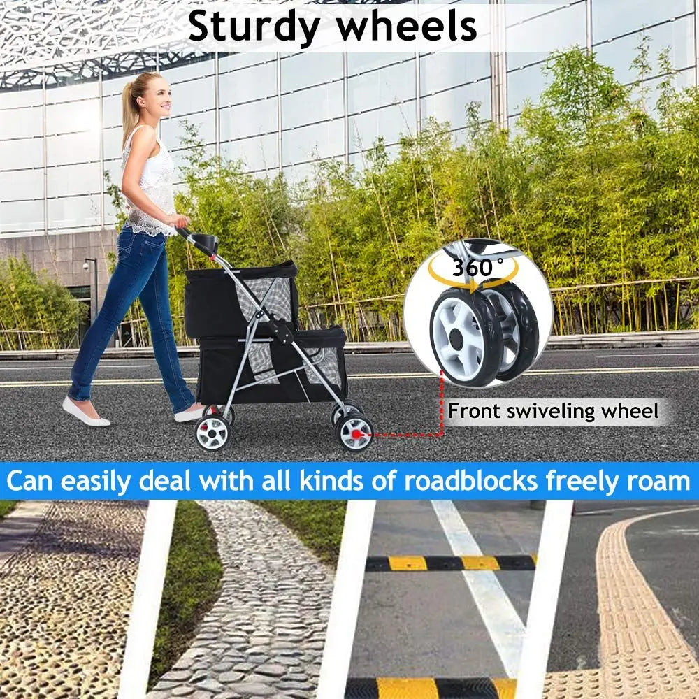 Double Dog Stroller Pet Stroller Cat Stroller Small Medium Dogs Cats 2 Puppy or Two Kitty 4 Wheels Travel Carrier Cage with Cup