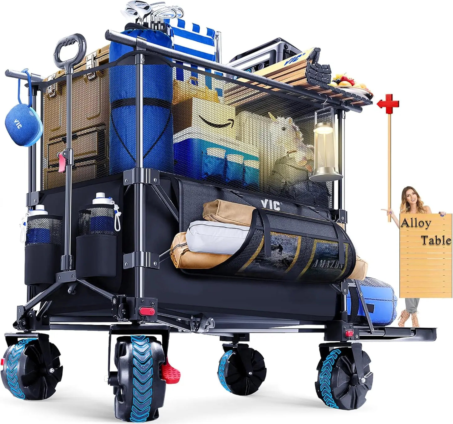 680lbs Super Cart & Table 1=5 Set, 480L Mega Capacity 54" Extra Long Extra high Folding Wagon, Heavy Duty Collapsible Carts with