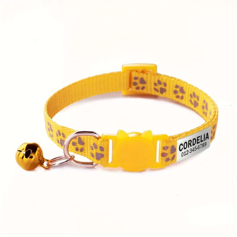Custom Reflective Paw Cat Collar Personalized ID Adjustable Safety Buckle with Bell Free Engraving Nylon Puppy Kittens Necklace