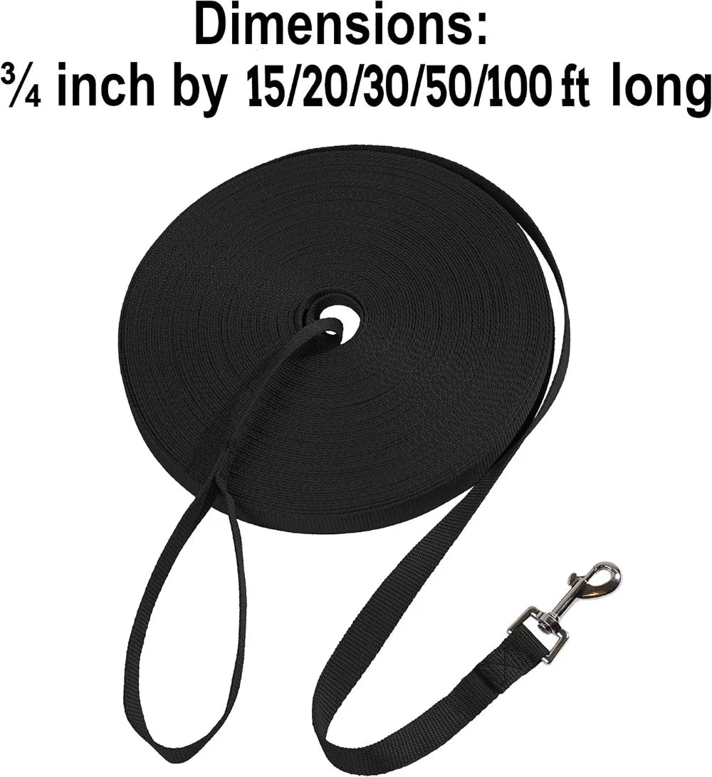 15-100ft Dog Training Leash, Nylon Long Lead for Recall, Obedience, Camping, Backyard - Black
