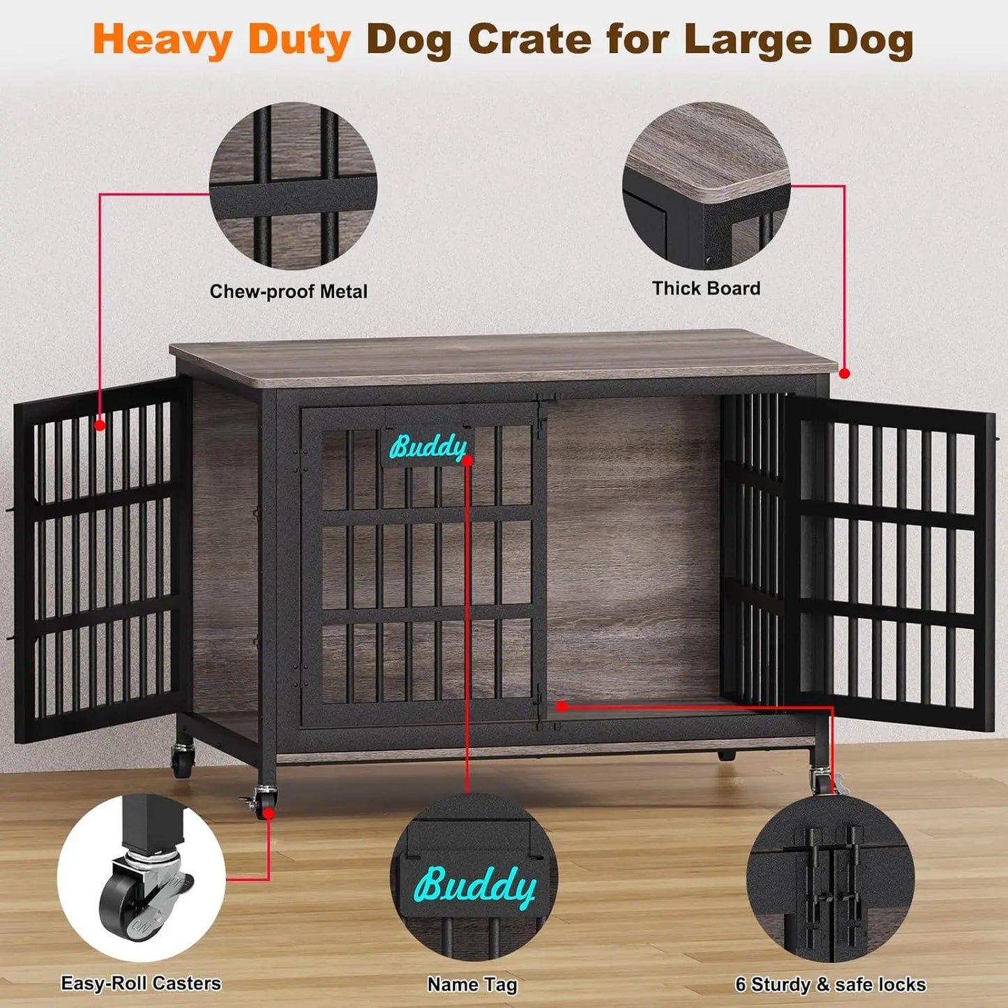 XXL Dog Crate Furniture Casters Heavy Duty Kennel Indoor Escape Chew Proof Large Dogs TV Stand 48/42/33in, Custom