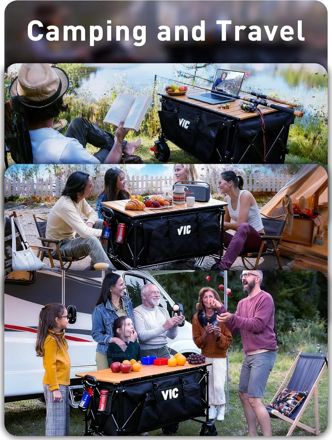 680lbs Super Cart & Table 1=5 Set, 480L Mega Capacity 54" Extra Long Extra high Folding Wagon, Heavy Duty Collapsible Carts with