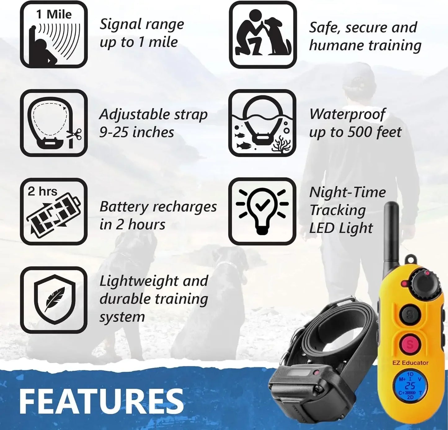 EZ-900 E Collar for Dog Training with Remote - 1/2 Mile Range, Waterproof, 256 Blunt Stimulation Levels, Tone or Vibration Mode,