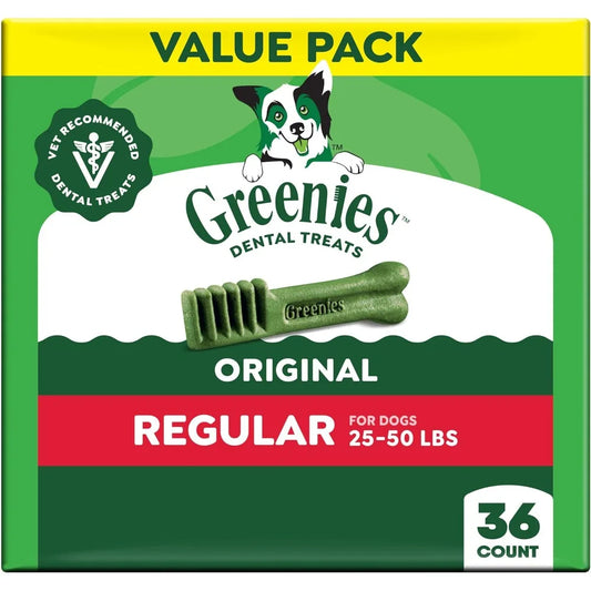 Greenies Adult Natural Dental Dog Treats Regular,Original Flavor Dog Dental Chews,36oz Pack 36 Count