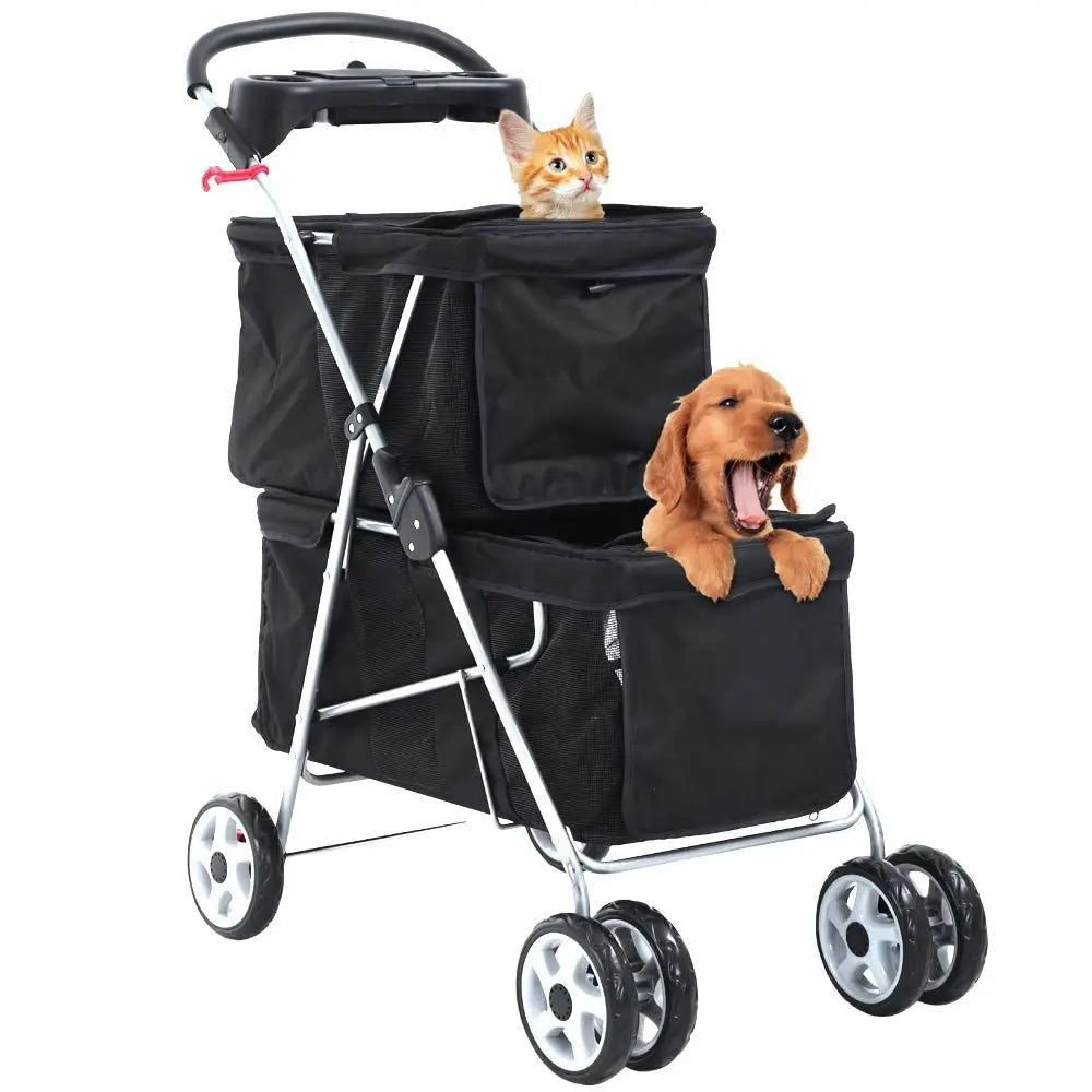 Double Dog Stroller Pet Stroller Cat Stroller Small Medium Dogs Cats 2 Puppy or Two Kitty 4 Wheels Travel Carrier Cage with Cup
