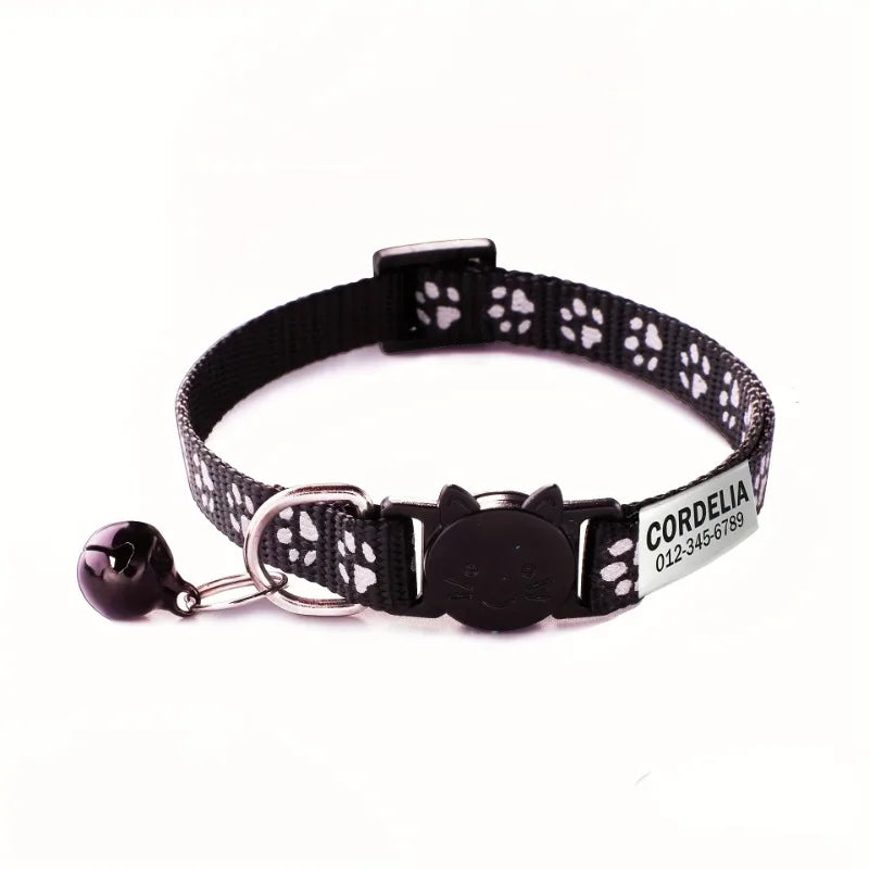 Custom Reflective Paw Cat Collar Personalized ID Adjustable Safety Buckle with Bell Free Engraving Nylon Puppy Kittens Necklace