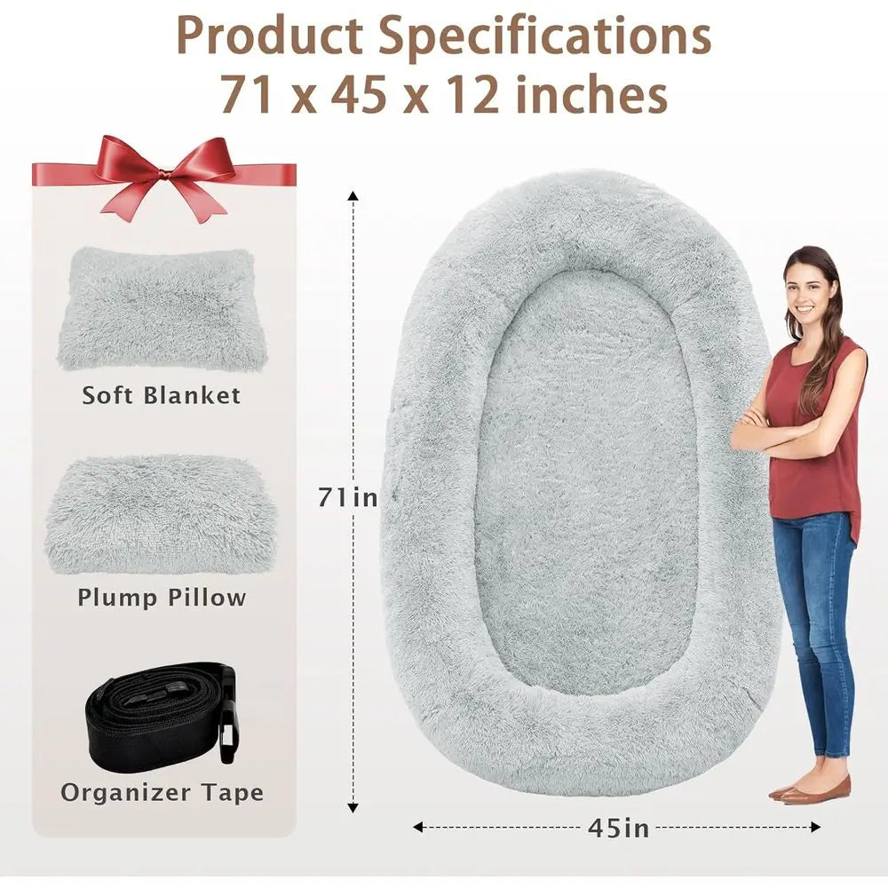 Oversized 71x45x12 Grey Memory Foam Dog Bed with Pillow, Blanket & Strap for Adults and Large Pets,Customized