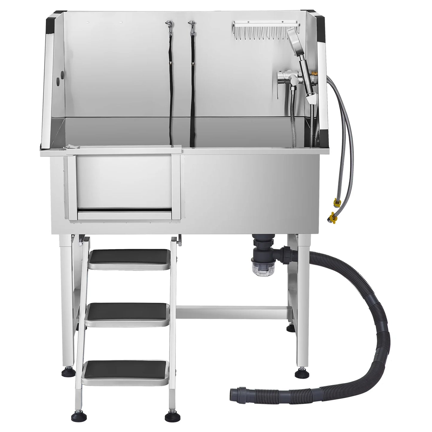 SucceBuy Stainless Steel Dog Washing Station 38in Pet Grooming Tub w/ Storage Stairs Faucet & Showerhead&Soap Holder Dog Bathtub