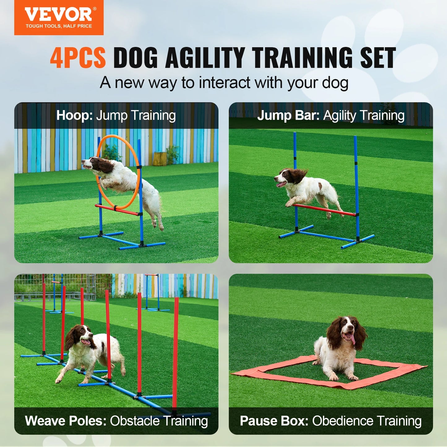 SucceBuy Dog Agility Training Equipment 4 PCS Set with Adjustable High Hurdles 6 Weave PolesJump Ring Square Pause Box Whistle