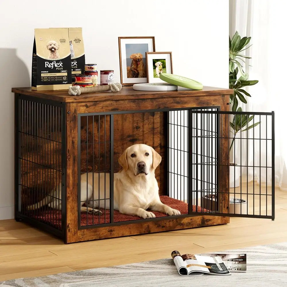 Durable Wooden Dog Crate with Double Doors, Side Table Function, Plush Cushion, and Chew-Resistant Surface