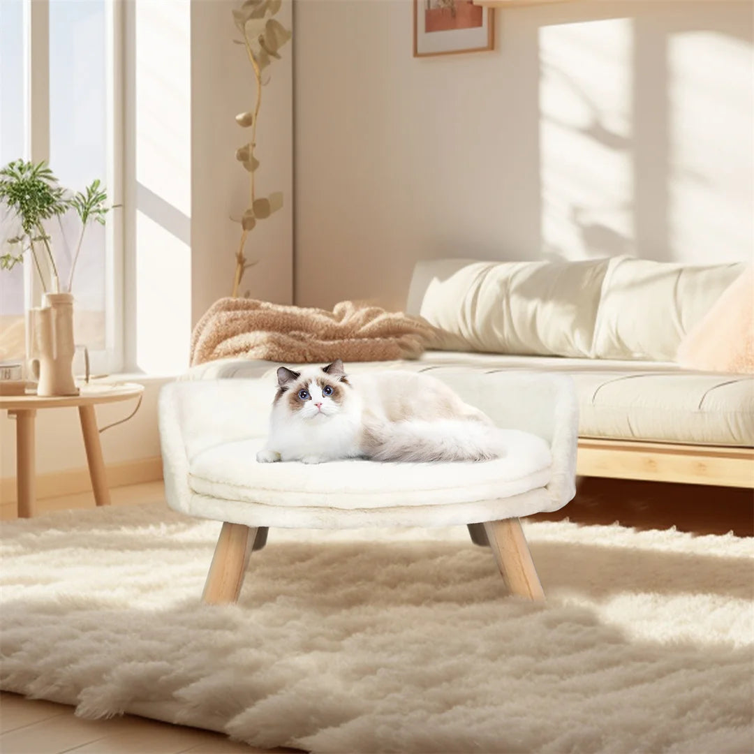 Luxury Soft Warm Plush Cat Bed Nesting Chair with Wood Legs Washable Waterproof Cushion Pad Pet Bed for Small Animals