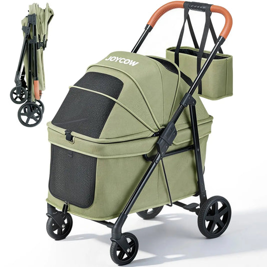 Low-Entry Pet Stroller for 2 Small or 1 Medium Dog, Anti-Jump-Out Design, 600D Oxford Fabric, Holds Up to 70 lbs, Green