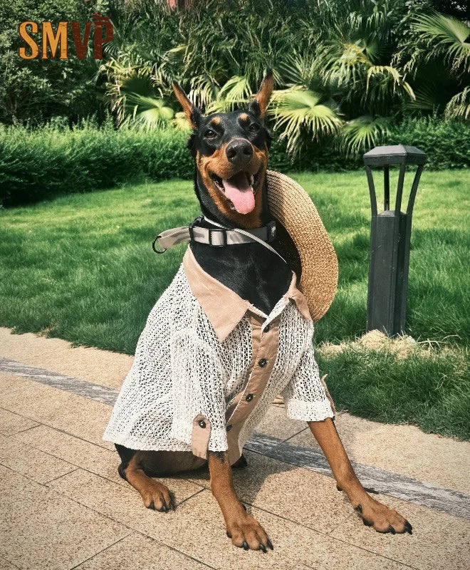 Original Pet Vintage Shirt Hollow Knit Mesh Breathable Short Sleeve Doberman Large Breed Dog Daily Summer Wear Pet Clothes