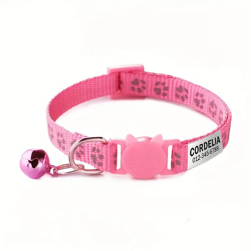 Custom Reflective Paw Cat Collar Personalized ID Adjustable Safety Buckle with Bell Free Engraving Nylon Puppy Kittens Necklace