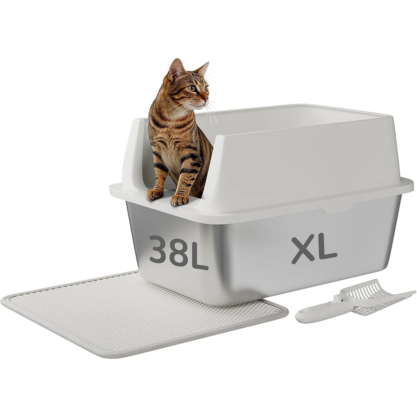 Stainless Steel Litter Box Large Odor Free Anti-Leakage High Sided Cat Litter Box with Scoop&Litter Mat, Semi-enclosed/Enclosed