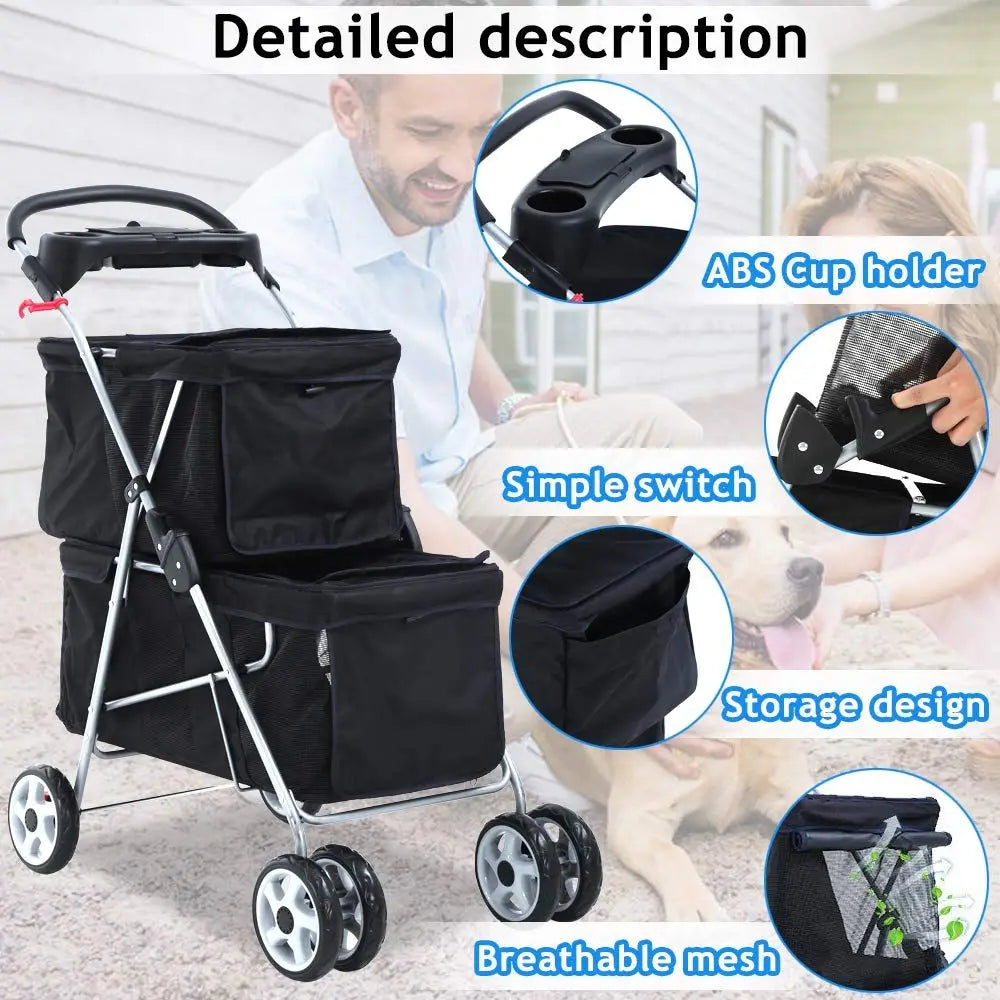 Double Dog Stroller Pet Stroller Cat Stroller Small Medium Dogs Cats 2 Puppy or Two Kitty 4 Wheels Travel Carrier Cage with Cup