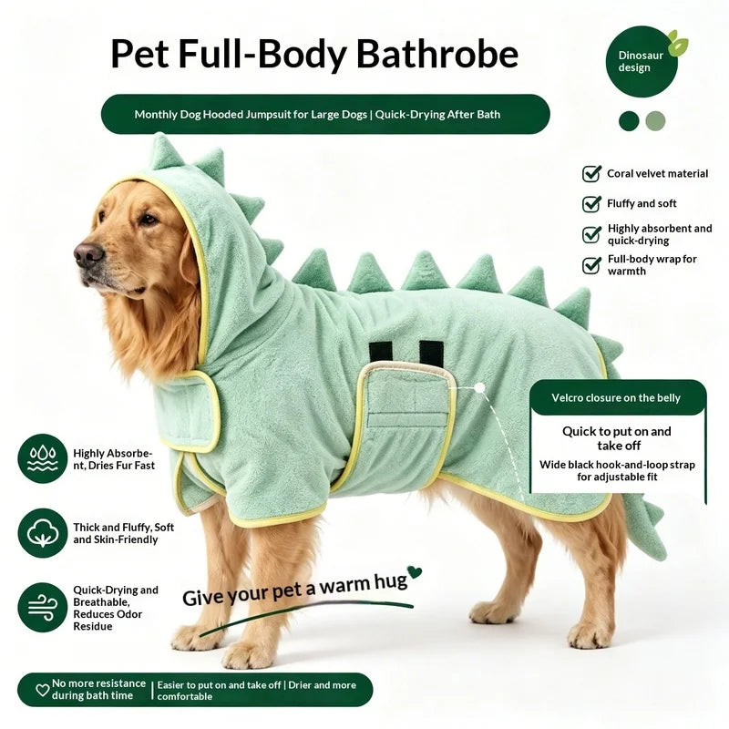 Cute Dinosaur Dog Bathrobe, Microfiber Water Absorbing Drying Coat, Wearable Pet Bathing Outfit for Puppy Grooming After Shower