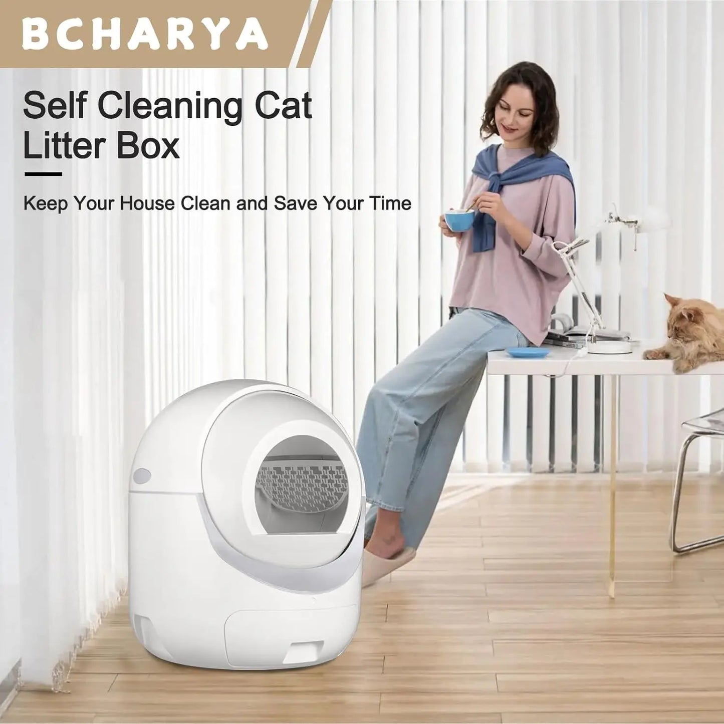 Cat Litter Box, Automatic Cat Litter Box with APP Control Odor Removal Safety Protection for Multiple Cats, with Garbage Bags