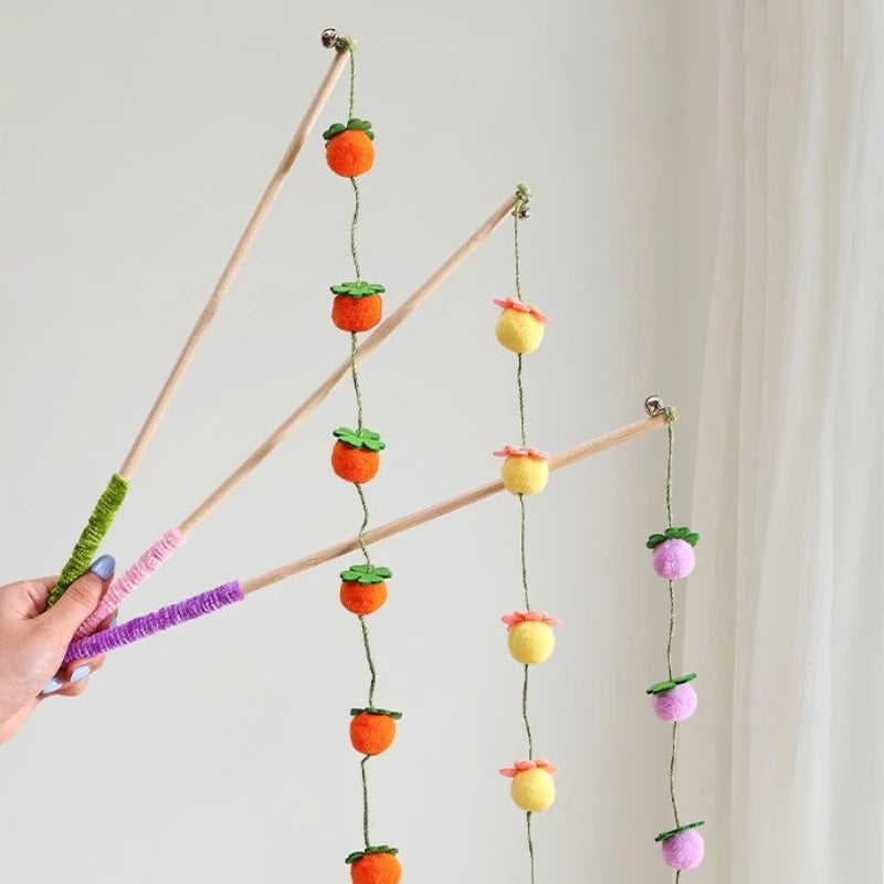 Interactive Cat Toy Funny Colorful Fruit Cats Teaser Stick Feather Toys Kitten Playing Teaser Wand Toy Cat Supplies