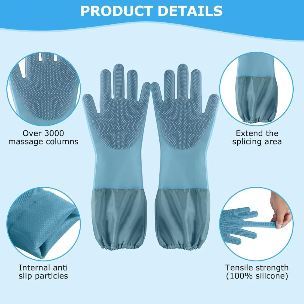 Dog Washing Gloves, 17.3" Long Sleeves, Silicone Massage & Hair Removal, Blue