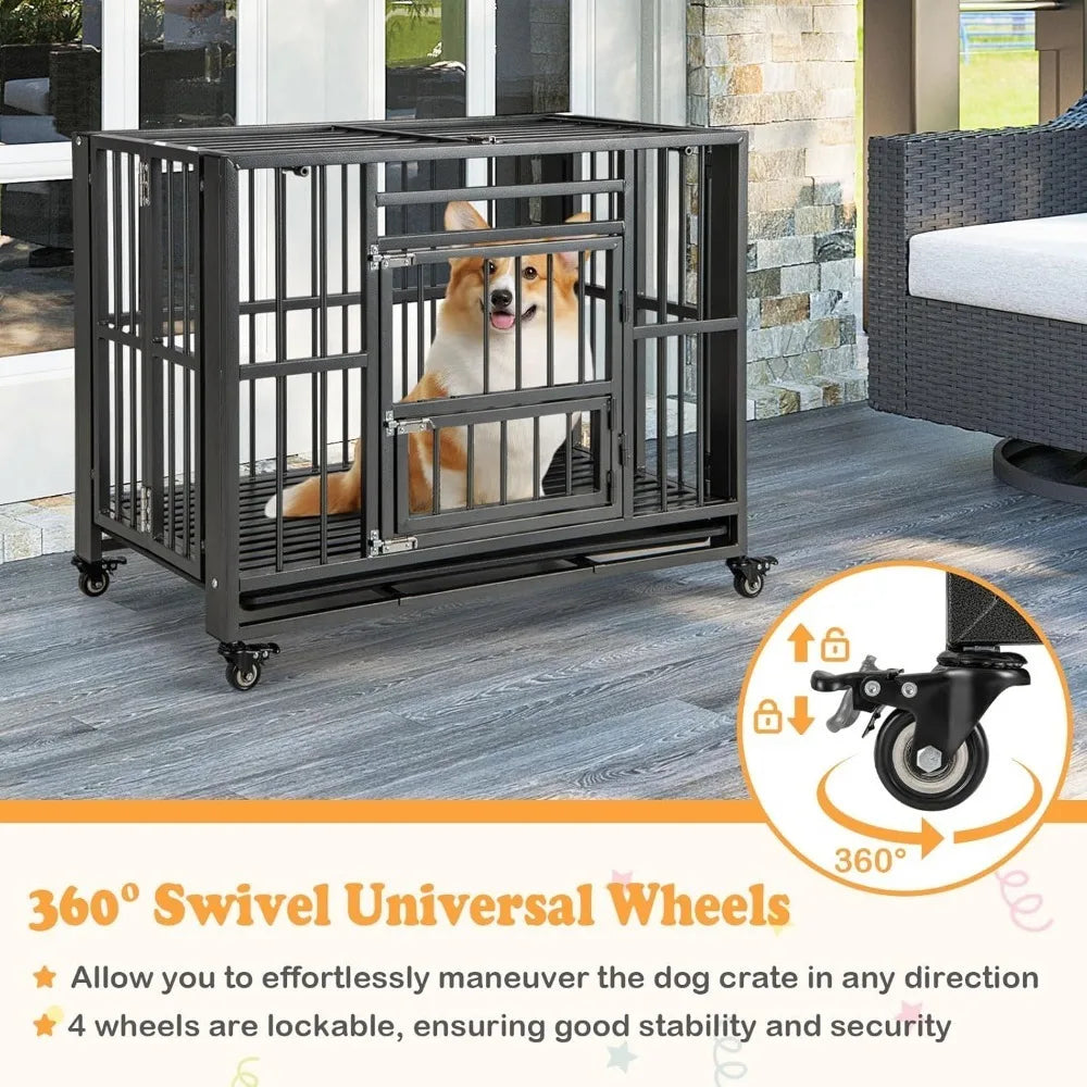 Foldable Metal Dog Crate - Heavy Duty Dog Cage with Top Doors, Feeding Access, Removable Tray, Lockable Wheels，Customized