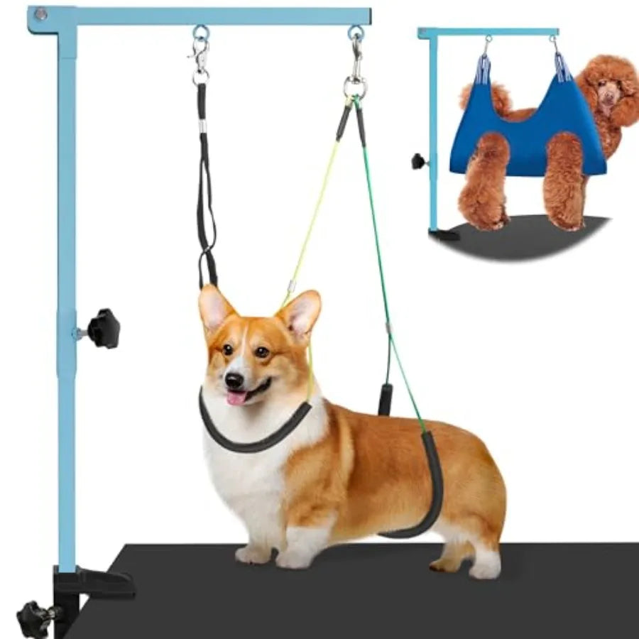 Dog Grooming Arm with Pet Grooming Hammock, 35" Pet Grooming Table Arm with Adjustable No Sit Haunch Holders, Dog Grooming Stan