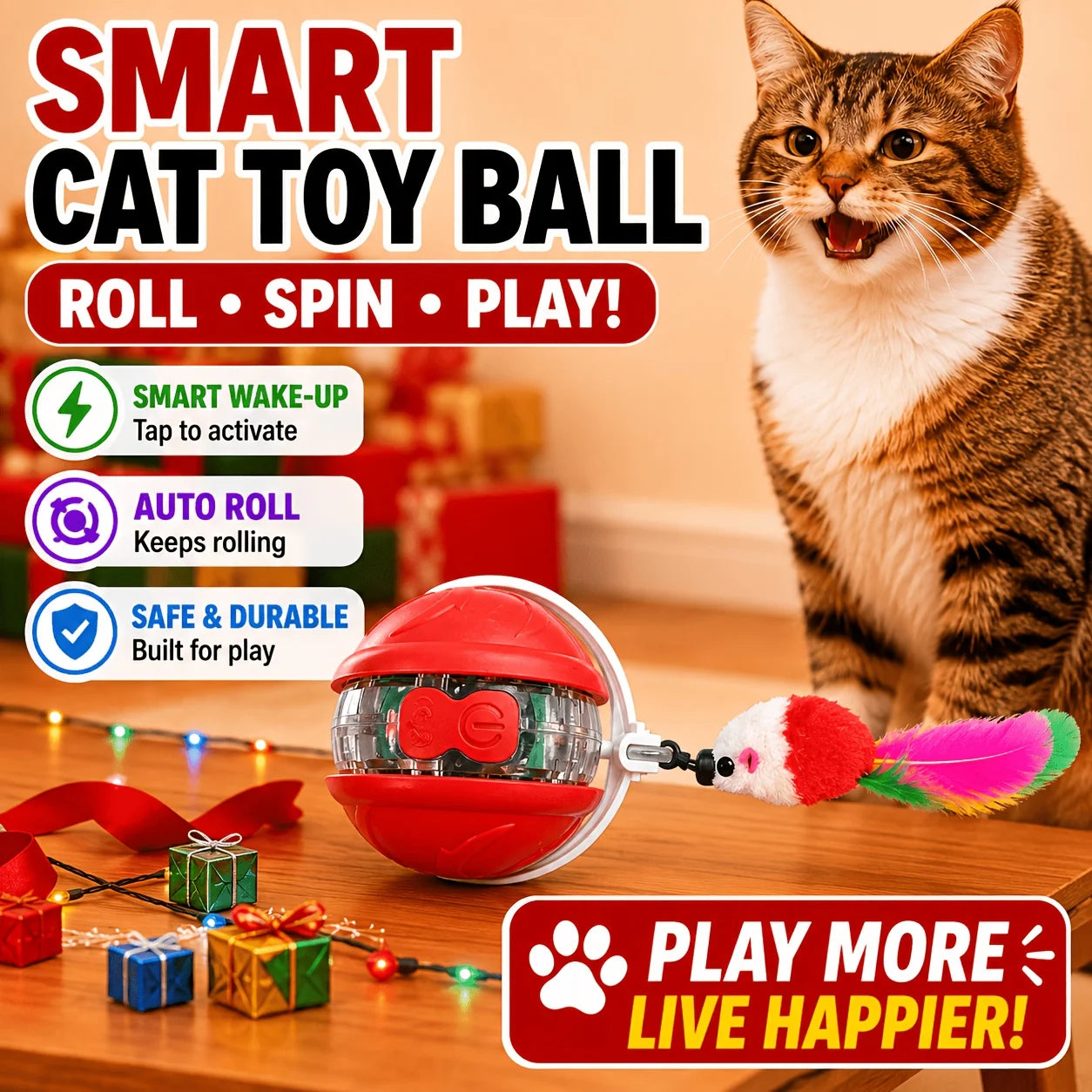 Interactive Cat Toy Ball - Automatic Interactive Cat Toys for Indoor Cats with 1 Tails, 3 Speeds Rechargeable Cat Enrichment Toys for Small/Medium/Large Cats to Keep Them Busy